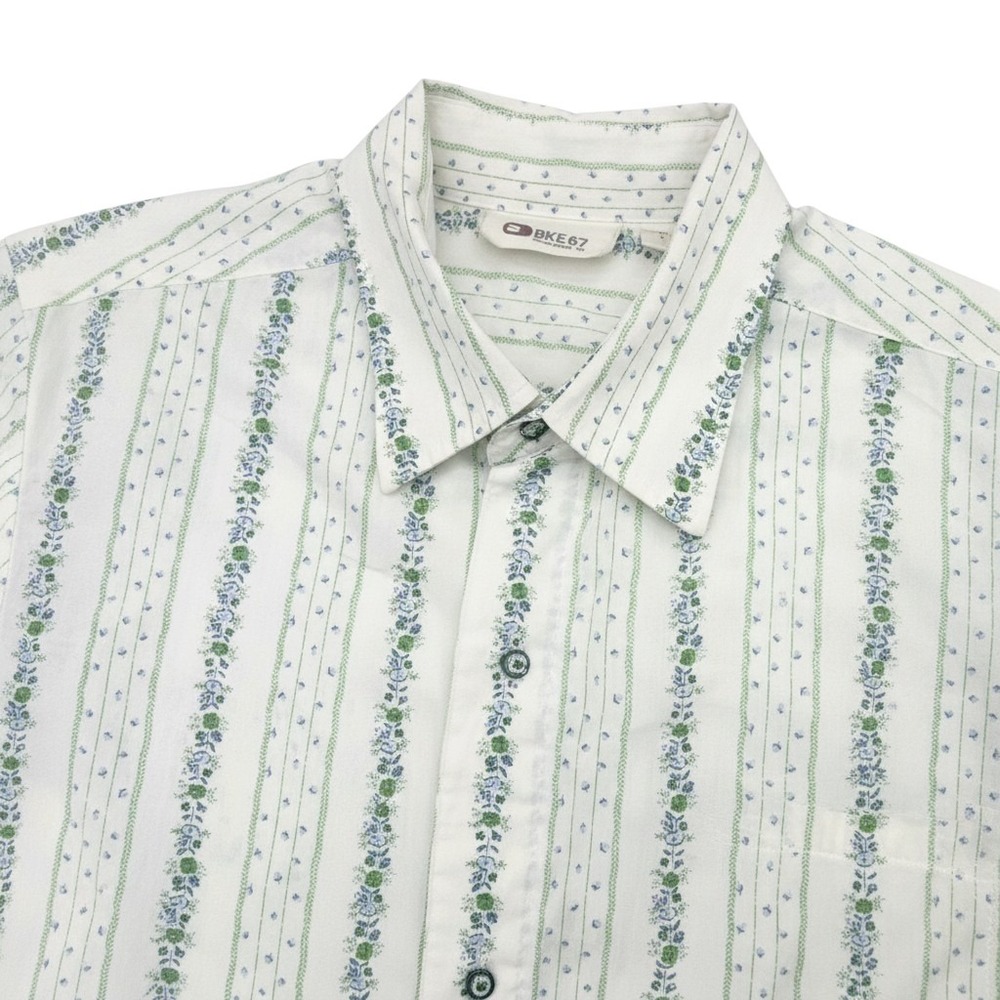 BKE 67 Mens Button Up Shirt L Green White Stripe Floral Vintage Short Sleeve Y2K